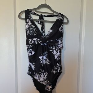 Black Floral One-Piece Swimwear with V-Neck Tie Back